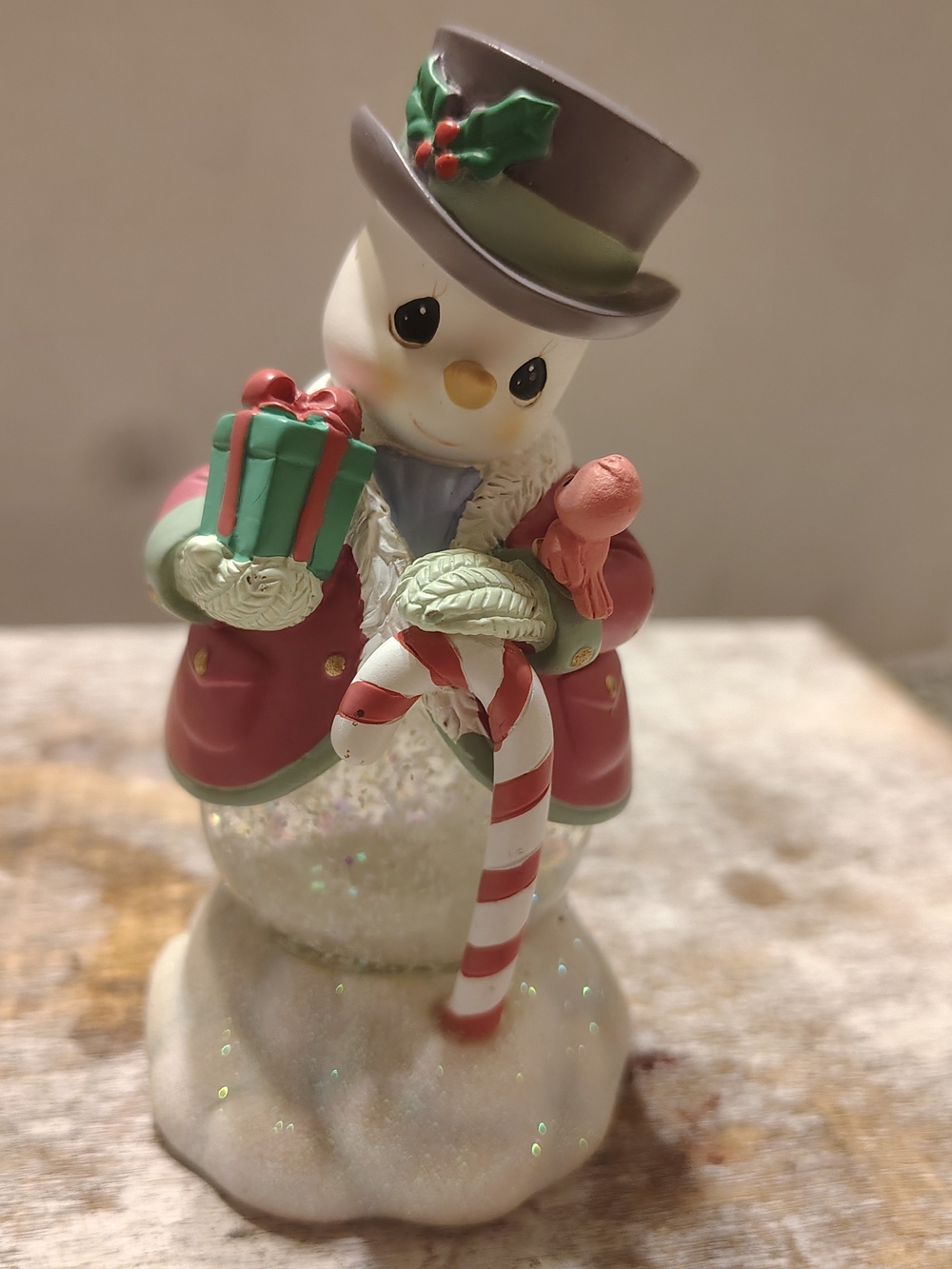 Precious Moments Snowman Figurine with Snow Globe Candy Cane and Present